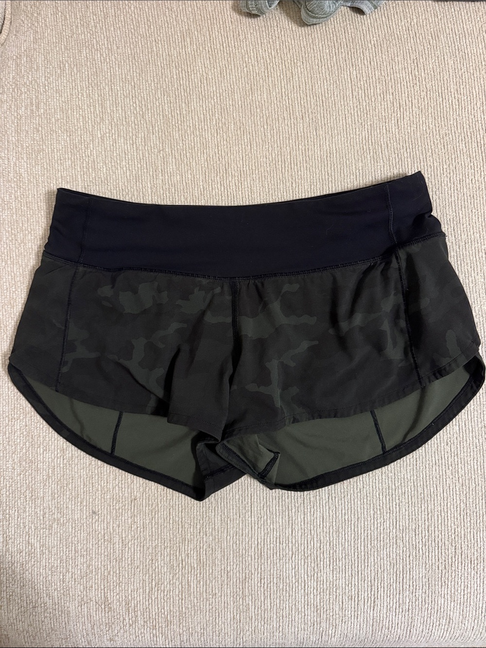 lululemon athletica Olive Green Camo Athletic Shorts with Black Waistband